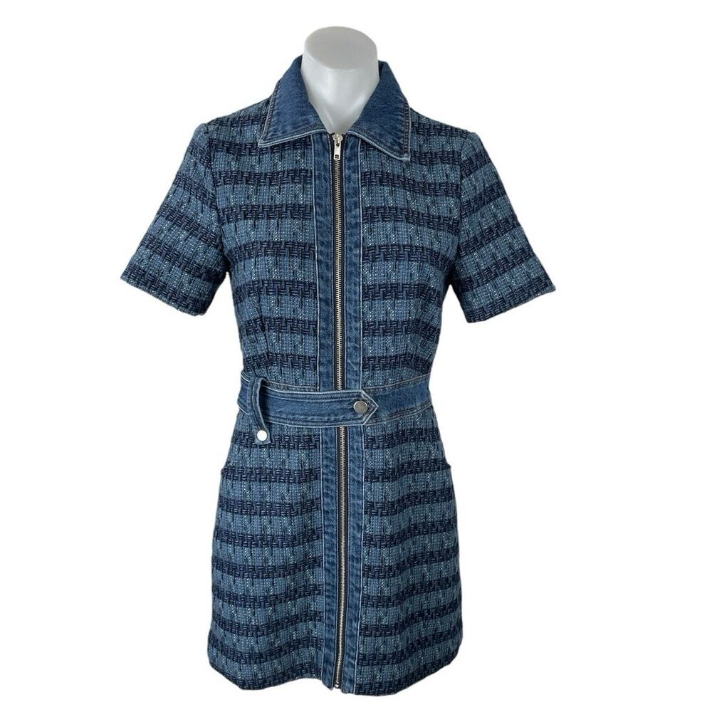 Jason Wu Blue Short Sleeve Striped Full Zip Tweed Denim Jean Shirt Mini Dress XS